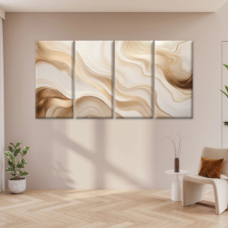 4pcs Gold and Cream Fluid Marble Textured Wall Art Canvas Framed 45x80cm - High Quality Print 100% Australian Made Wall Canvas Ready to Hang