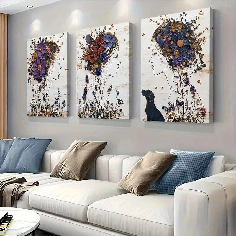 3pcs Women with Flower Crowns and Dog Perfect Wall Art Set Canvas Framed 50x70cm - High Quality Print 100% Australian Made Wall Canvas Ready to Hang