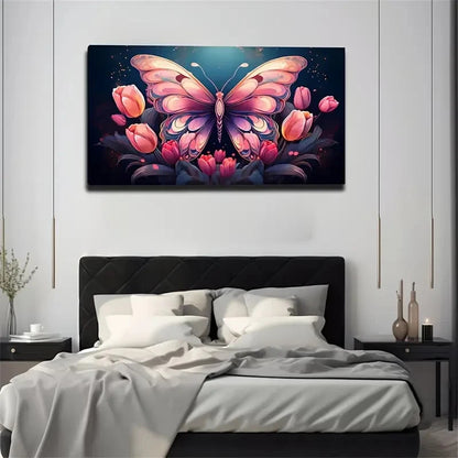 Mysterious Butterfly & Tulips Wall Art Canvas Office Home Room Framed 120x60cm