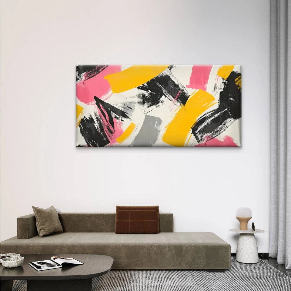 Pink And Yellow Abstract Design Wall Art Canvas Office Home Room Framed 120x60cm