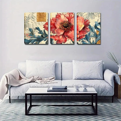 3pcs Vibrant Red Flowers & Green Leaves Perfect Wall Art Set Canvas Framed 60x90cm - High Quality Print 100% Australian Made Wall Canvas Ready to Hang - Bella Home Decor