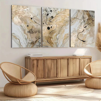 3pcs Golden Marble Abstract Golden Black Lines Wall Art Set Canvas Unframed - High Quality Print 100% Australian Made Wall Canvas - Bella Home Decor