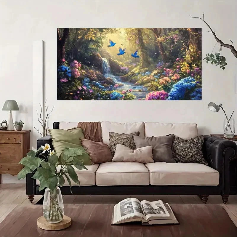 Enchanted Forest Waterfall Bird Wall Art Canvas Office Home Room Framed 120x60cm