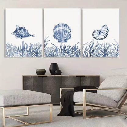 3pcs Indigo Blue Seashells Under The Sea  Wall Art Set Canvas Framed 60x90cm - High Quality Print 100% Australian Made Wall Canvas Ready to Hang