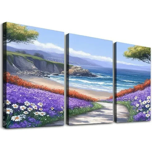 3pcs Blue Ocean & Daisy Wall Art Set Canvas Unframed - High Quality Print 100% Australian Made Wall Canvas - Bella Home Decor