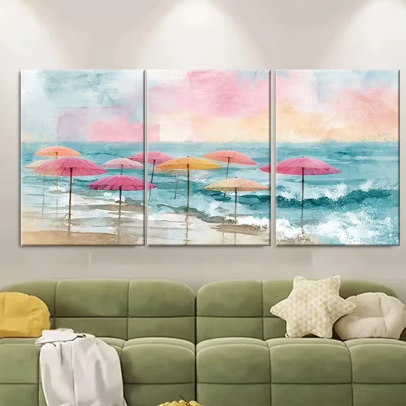 3pcs Pink Umbrellas & Ocean Waves Metal Print Ready to Hang Art