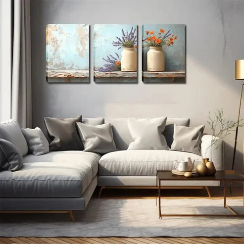 3pcs White Pots Lavender & Orange Flower Perfect Wall Art Canvas Unframed - High Quality Print 100% Australian Made Wall Canvas