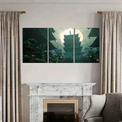 3pcs Japanese Style Shrine & Moon Landscape Wall Art Canvas Unframed - High Quality Print 100% Australian Made Wall Canvas