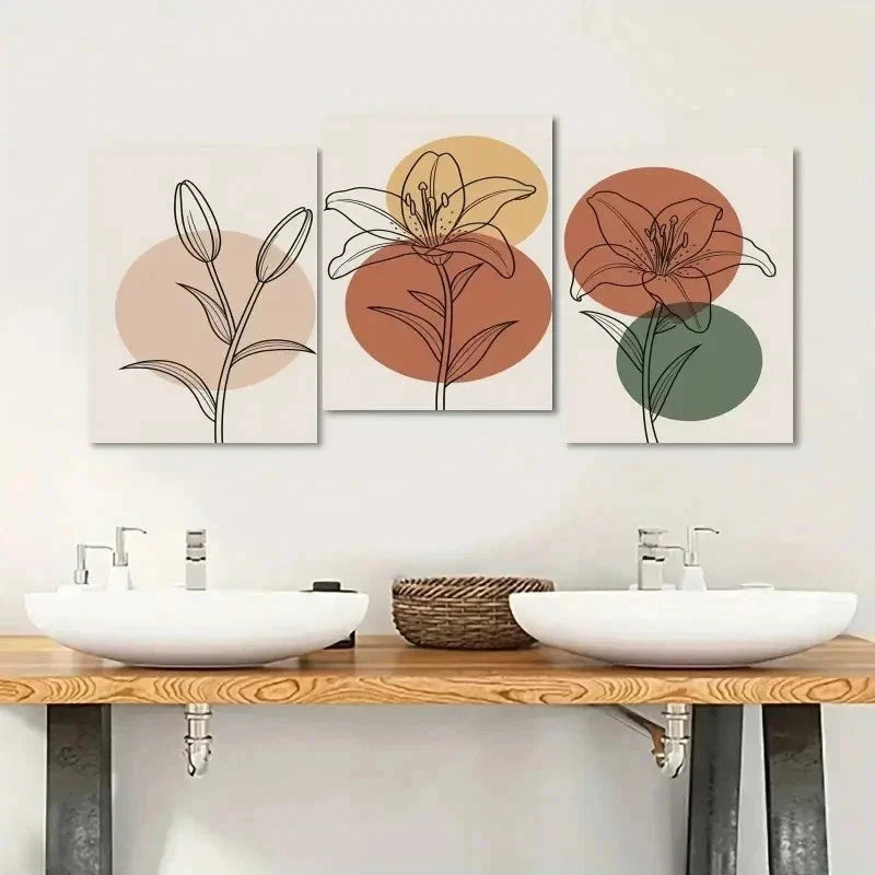 3pcs Lily Flowers Line Art Canvas  Wall Art Set Canvas Framed 60x90cm - High Quality Print 100% Australian Made Wall Canvas Ready to Hang - Bella Home Decor