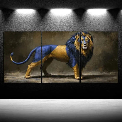 3pcs Golden Blue Lion Painting Wall Art Set Canvas Framed 50x70cm – High Quality Print 100% Australian Made Wall Canvas Ready to Hang - Bella Home Decor