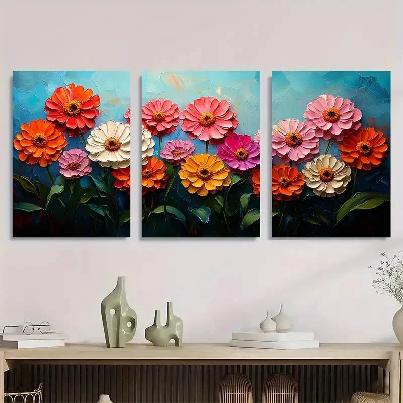 3pcs Reds And Apricot Zinnia Flower Perfect Wall Art Set Canvas Framed 60x90cm - High Quality Print 100% Australian Made Wall Canvas Ready to Hang