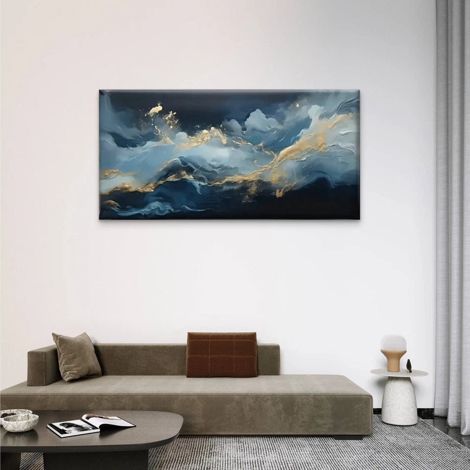 Blue And Golden Abstract Wall Art Canvas Office Home Room Framed 120x60cm