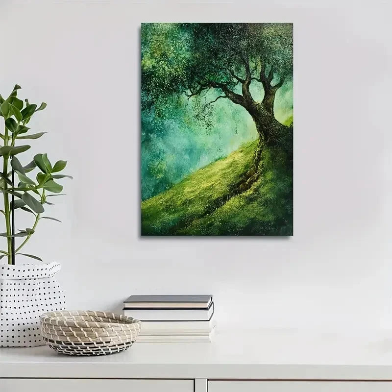 Green Moss Meadow Landscape with Vibrant Tree 40x60cm Metal Print Ready to Hang