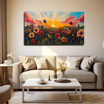 Wildflowers And Sunset Fields Wall Art Canvas Office Home Room Framed 120x60cm