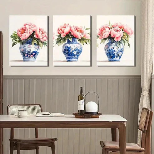 3pcs Blue and White Porcelain Vase Perfect Wall Art Set Canvas Unframed - High Quality Print 100% Australian Made Wall Canvas - Bella Home Decor