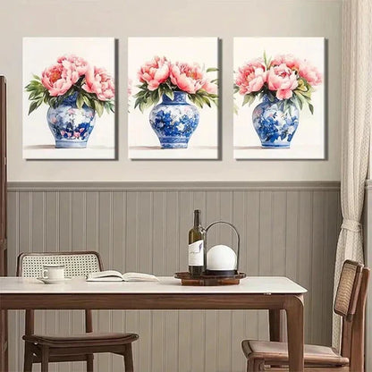 3pcs Blue and White Porcelain Vase Perfect Wall Art Set Canvas Unframed - High Quality Print 100% Australian Made Wall Canvas - Bella Home Decor