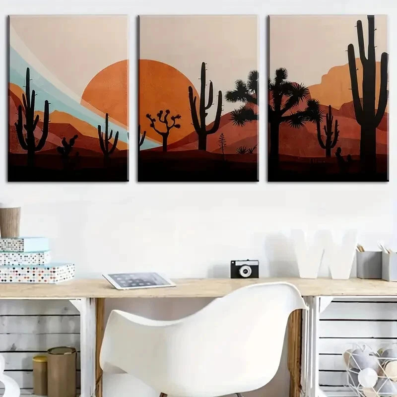 3pcs Abstract Desert Cacti & Sunset Metal Print Ready to Hang Art - Bella Home Decor