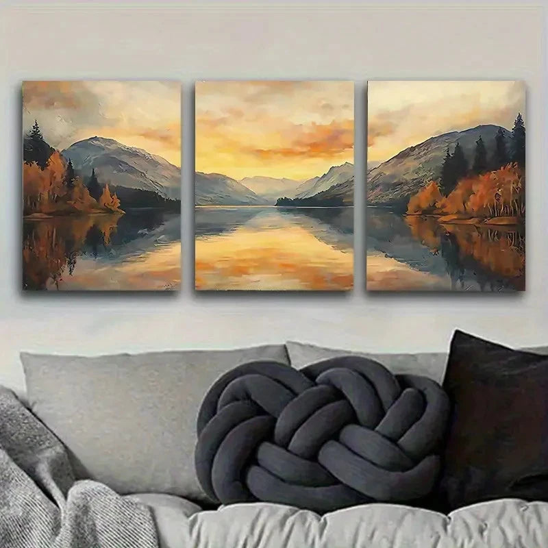 3pcs Sunrise Over Mountain Lake Wall Art Set Canvas Framed 40x60cm - High Quality Print 100% Australian Made Wall Canvas Ready to Hang