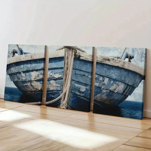 3pcs Blue Wooden Boat & Rope Design Wall Art Canvas Unframed - High Quality Print 100% Australian Made Wall Canvas - Bella Home Decor