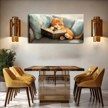 Orange Cat On Book Abstract Wall Art Canvas Office Home Room Framed 120x60cm - Bella Home Decor