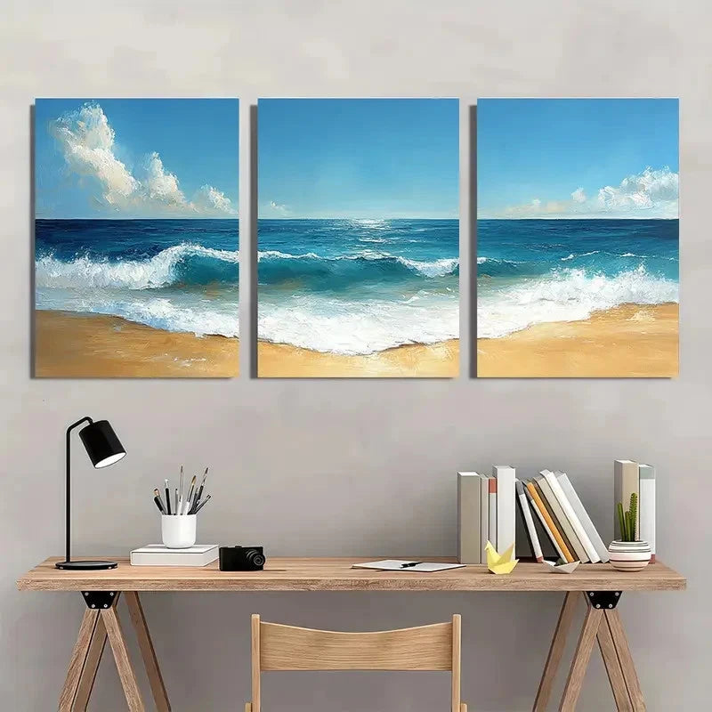 3pcs Vintage Beach Ocean Minimalist Perfect Wall Art Set Canvas Framed 50x70cm - High Quality Print 100% Australian Made Wall Canvas Ready to Hang