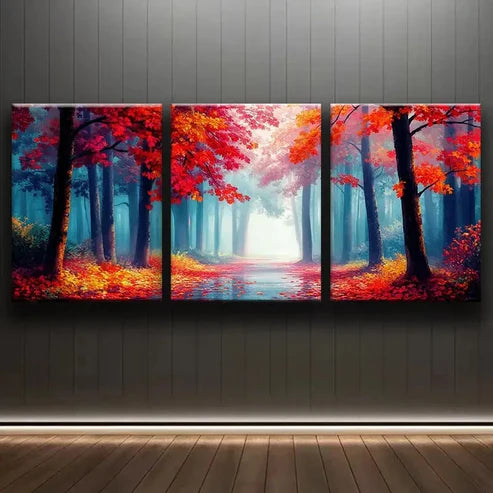 3pcs Autumn Forest Red Nature Beauty Perfect Wall Art Set Canvas Unframed - High Quality Print 100% Australian Made Wall Canvas - Bella Home Decor