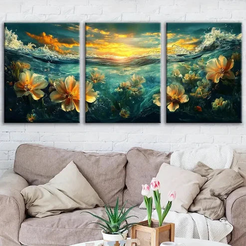 3pcs Fashion Sea Flower Art Sunset White Flowers Wall Art Set Canvas Unframed - High Quality Print 100% Australian Made Wall Canvas