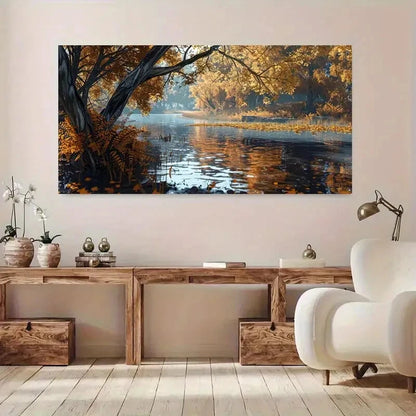 Autumn River Golden Leaf wall canvas office home room framed 120x60cm - Bella Home Decor