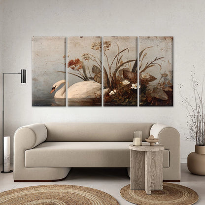 4pcs Vintage Oil Painting Swan In Lake Wall Art Canvas Framed 45x80cm - High Quality Print 100% Australian Made Wall Canvas Ready to Hang