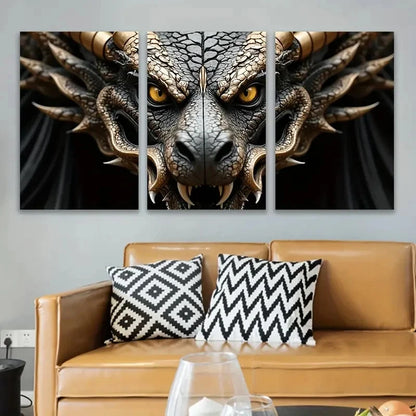 3pcs Fierce Golden-Eyed Dragon Artwork Wall Art Set Canvas Framed 40x60cm - High Quality Print 100% Australian Made Wall Canvas Ready to Hang