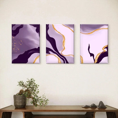 3pcs Purple and Gold Abstract Fluid Paint Wall Art Set Canvas Framed 50x70cm - High Quality Print 100% Australian Made Wall Canvas Ready to Hang