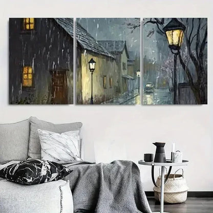 3pcs Cozy Rainy Night Village Street Wall Art Canvas Unframed - High Quality Print 100% Australian Made Wall Canvas - Bella Home Decor