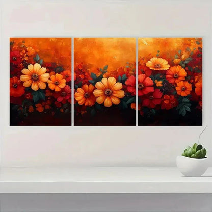 3pcs Vibrant Autumn Flowers in Orange, Yellow Wall Art Canvas Unframed – High Quality Print 100% Australian Made Wall Canvas