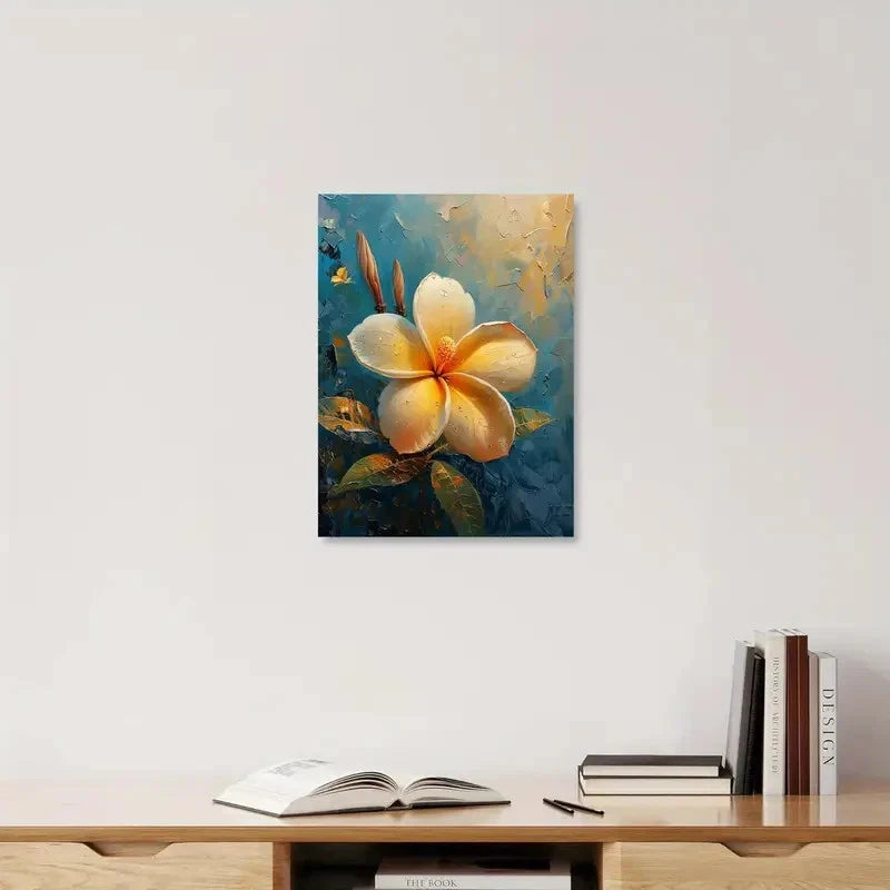 Painting of a yellow flower on a wall above a wooden shelf with books and an open book.