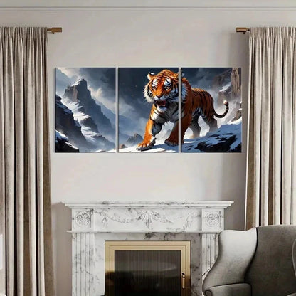 3pcs Snow Mountains & Angry Tiger Wall Art Set Canvas Framed 60x90cm - High Quality Print 100% Australian Made Wall Canvas Ready to Hang