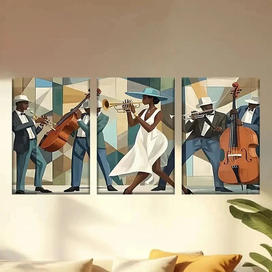3pcs jazz musicians in a jazz scene Wall Art Set Canvas Framed 60x90cm - High Quality Print 100% Australian Made Wall Canvas Ready to Hang