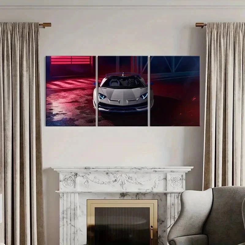 3pcs White Super Car Modern Vehicle Decoration Wall Art Set Canvas Framed 50x70cm - High Quality Print 100% Australian Made Wall Canvas Ready to Hang