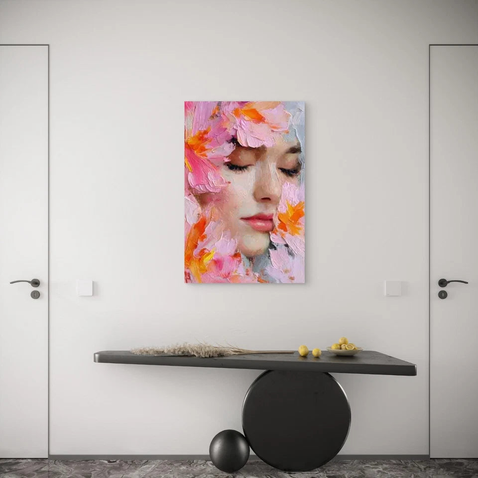 Female Face Pink Lily Blossoms Metal Print Ready to Hang