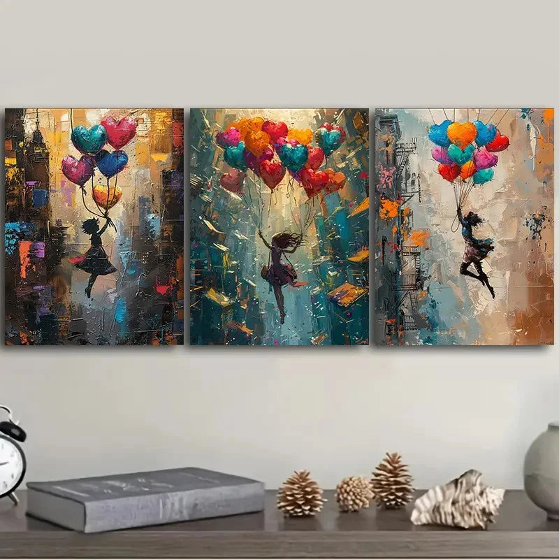 3pcs girl is flying on colorful balloons Wall Art Set Canvas Framed 60x90cm - High Quality Print 100% Australian Made Wall Canvas Ready to Hang - Bella Home Decor