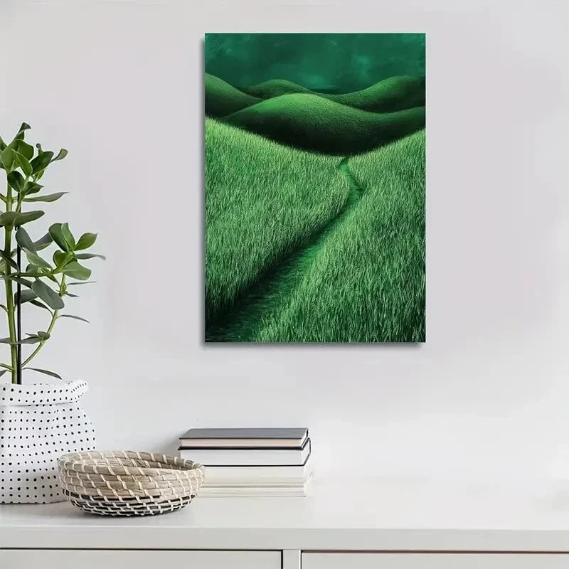 Emerald Thatch Grass Meadow Landscape Painting 40x60cm Metal Print Ready to Hang - Bella Home Decor