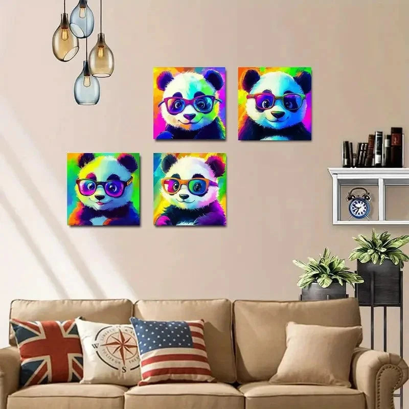 4pcs Vibrant Panda Fashion Art Prints Wall Art Canvas Framed