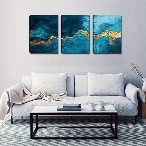 3pcs Dreamy Blue Ocean with Golden Accents Wall Art Set Canvas Unframed - High Quality Print 100% Australian Made Wall Canvas - Bella Home Decor