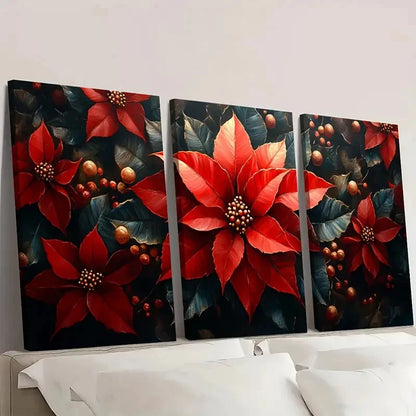 3pcs Poinsettia Painting Floral PP  Wall Art Set Canvas Framed 40x60cm - High Quality Print 100% Australian Made Wall Canvas Ready to Hang