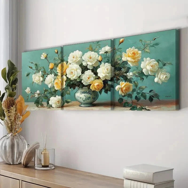 3pcs White Roses in Vase Painting Floral Color Wall Art Set Canvas Framed 60x90cm - High Quality Print 100% Australian Made Wall Canvas Ready to Hang