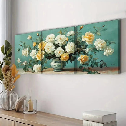 3pcs White Roses in Vase Painting Floral Color Wall Art Set Canvas Framed 60x90cm - High Quality Print 100% Australian Made Wall Canvas Ready to Hang
