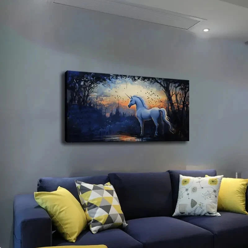 Unicorn in Twilight Forest Wall Art Canvas Office Home Room Framed 120x60cm - Bella Home Decor