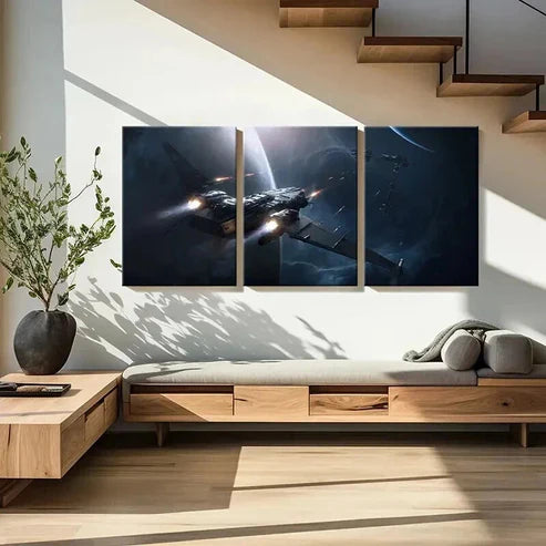 3pcs Futuristic Spaceship in Cosmic Setting Wall Art Set Canvas Unframed - High Quality Print 100% Australian Made Wall Canvas - Bella Home Decor