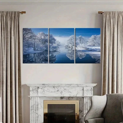 3pcs Snow Scene Forest Lake & Trees Wall Art Set Canvas Framed 40x60cm - High Quality Print 100% Australian Made Wall Canvas Ready to Hang - Bella Home Decor