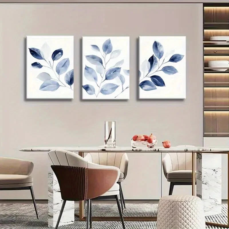 3pcs Blue Leaf Botanical Modern Nature Metal Print Ready to Hang Art - Bella Home Decor