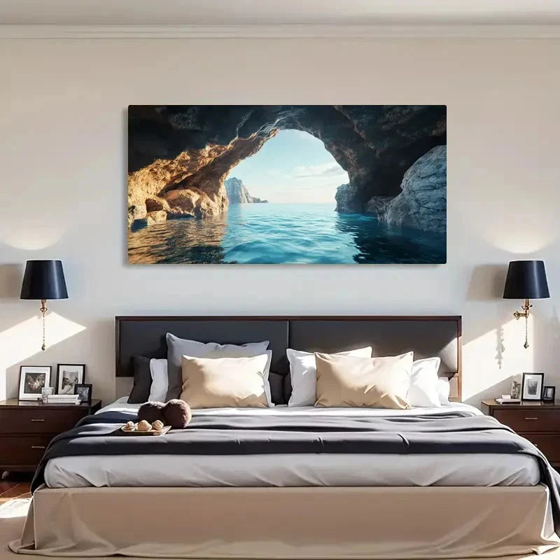 Vibrant Blue Sea And Rocks Wall Art Canvas Office Home Room Framed 120x60cm - Bella Home Decor